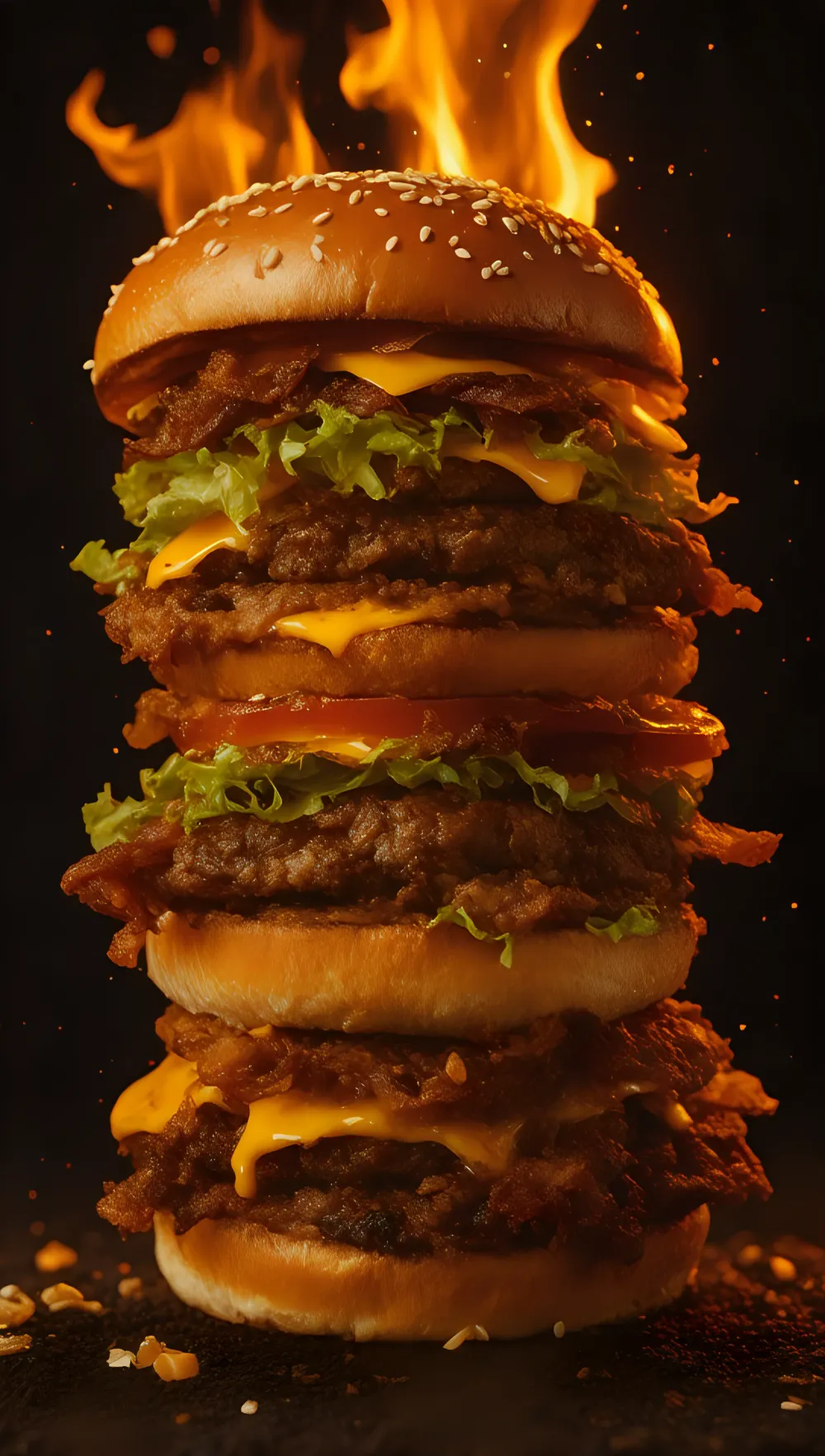 Fire-lit Food Overhead Burger Food Render Premium Burger