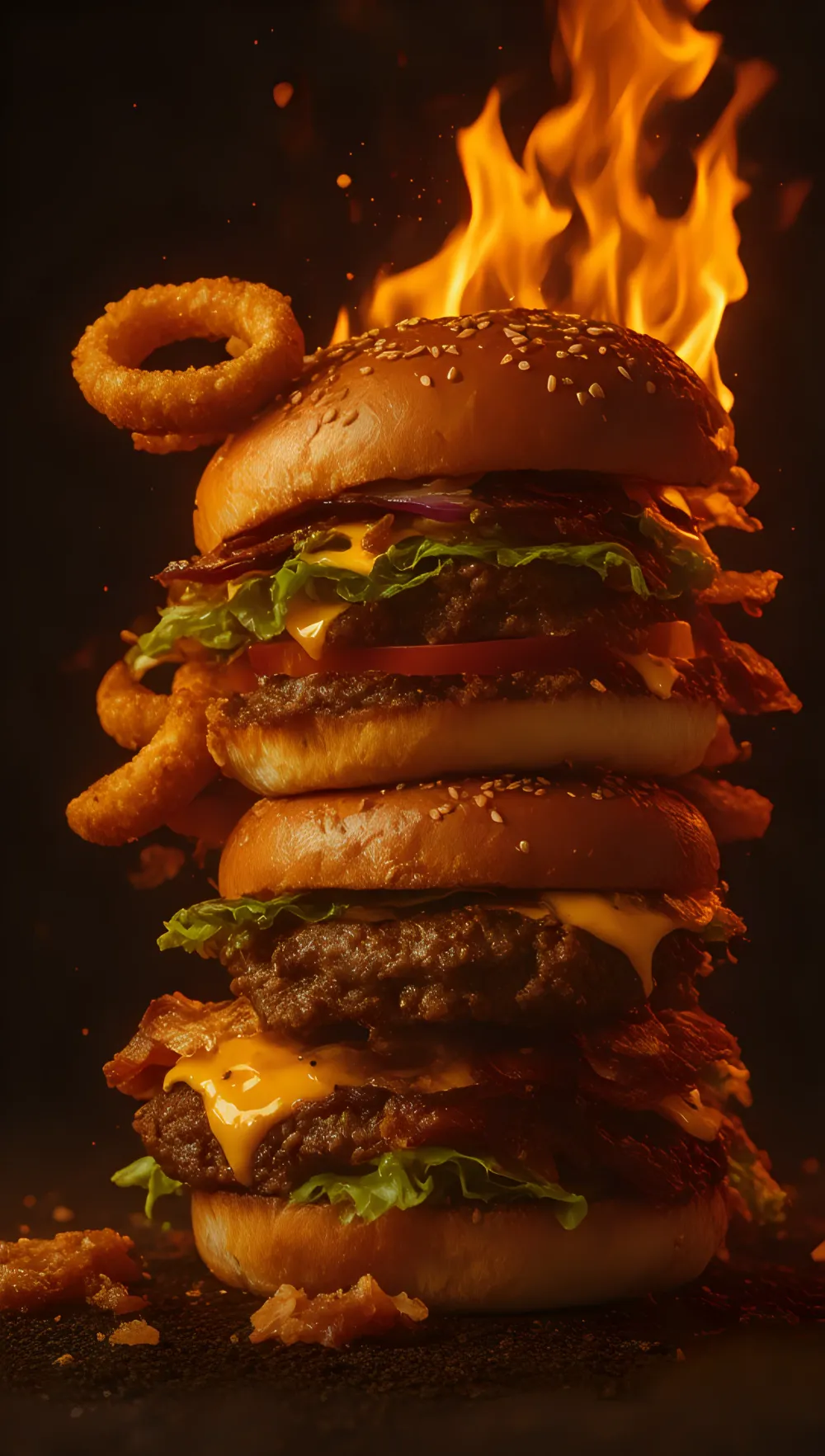 Potato Roll Bun Dramatic Close-up American Cheese Red Onion Rings