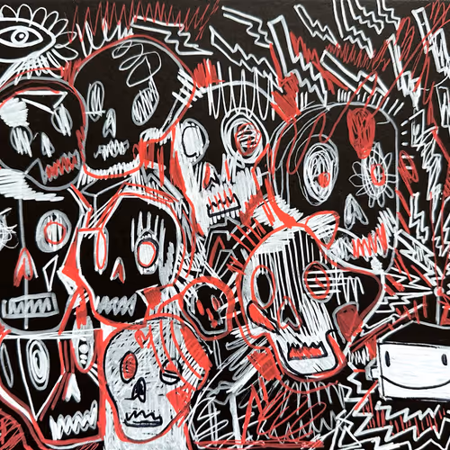 Black white red robot skull