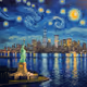 "Starry Night Over Statue of Liberty" in the Style of Vincent Van Gogh
