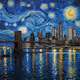 "Starry Night Over Brooklyn Bridge" in the Style of Vincent Van Gogh