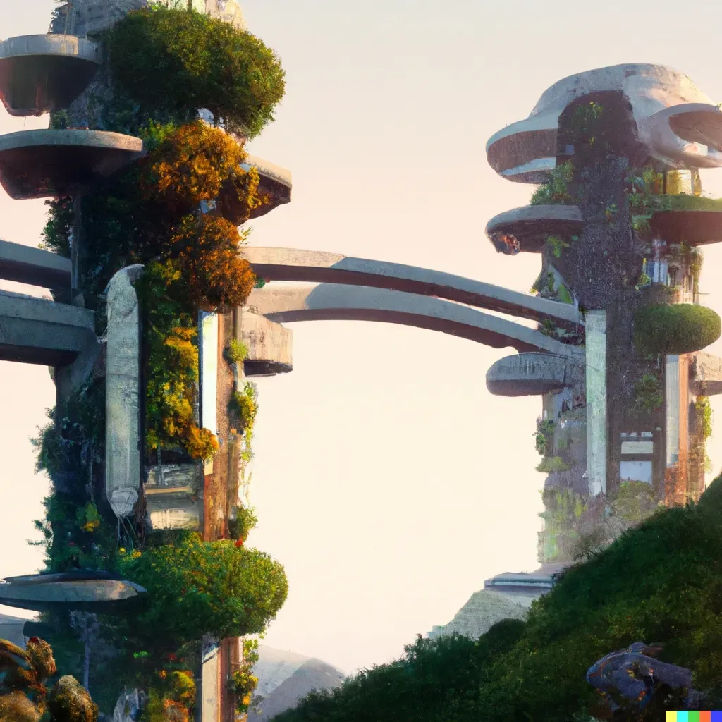 Two futuristic towers with a skybridge covered - Collection | OpenSea