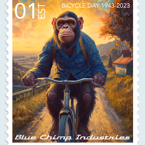 Blue Chimp Commemorative Bicycle Day Stamp by Glen Wexler