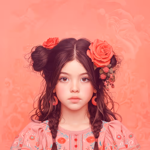 Charming Girl in Floral Embroidered Attire with Roses