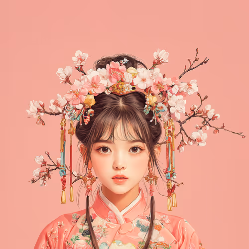 Portrait of a Chinese Girl in Traditional Floral Headdress