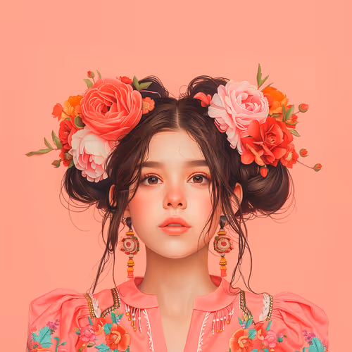 Vibrant Portrait of a Girl with Floral Crown and Embroidered Attire