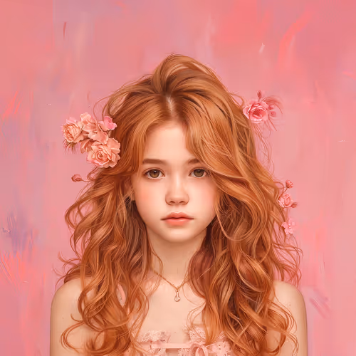 Ethereal Portrait of a Girl with Auburn Curls and Blossoms