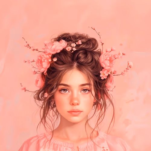 Portrait of a Girl with Floral Headdress on Pink Background