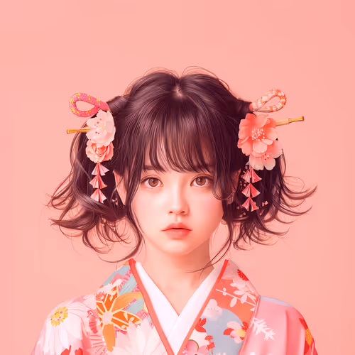 Graceful Girl in Traditional Japanese Attire with Floral Hair Ornaments