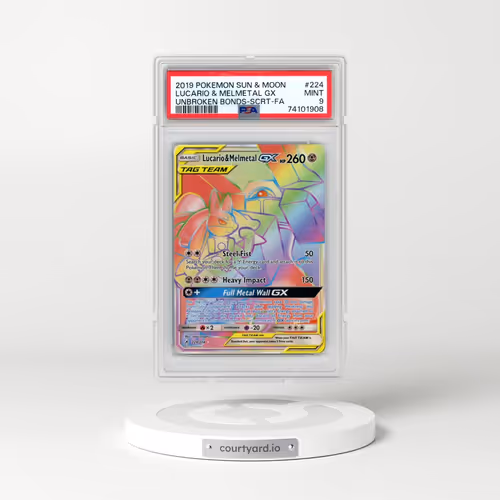 2019 Pokémon Sun & Moon Unbroken Bonds #224 Lucario & Melmetal GX - Holo Full Art Secret (PSA 9 MINT)