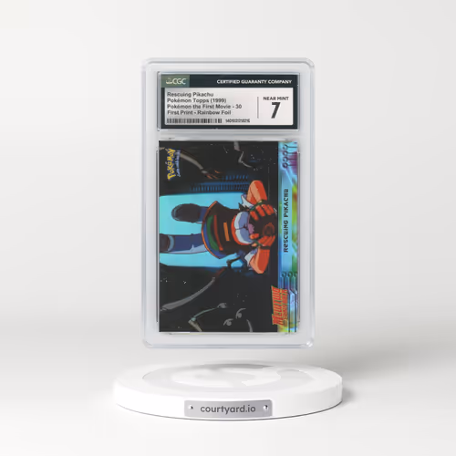 1999 Pokémon the First Movie #30 Rescuing Pikachu - First Print (Blue Topps Logo) Rainbow Foil (CGC 7 NM)