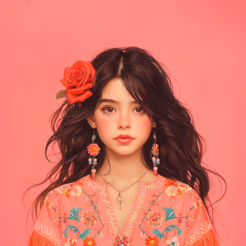 Radiant Girl with a Red Rose and Embroidered Attire