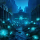 Underwater city with glowing plants.